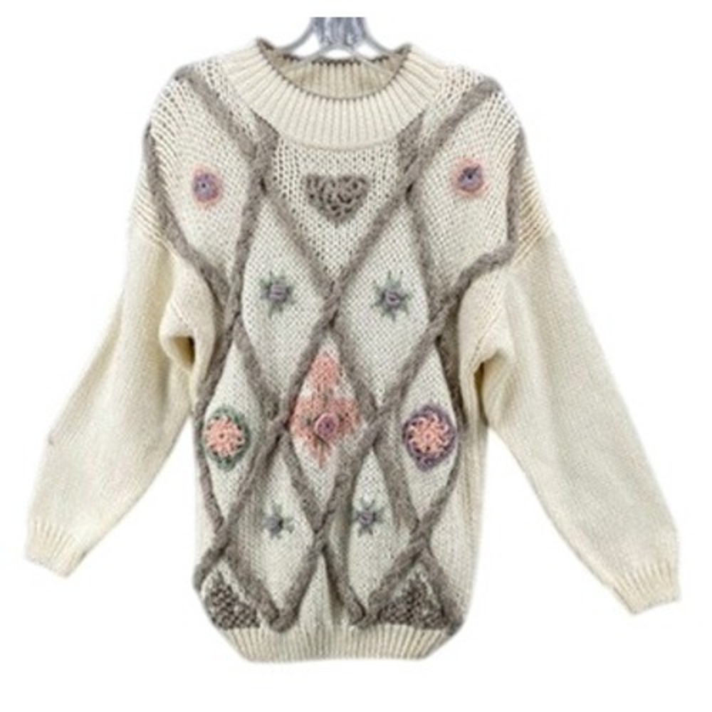 VTG Huntington Ridge Sweater Womens M Hand Knit Cream Textured Floral Applique